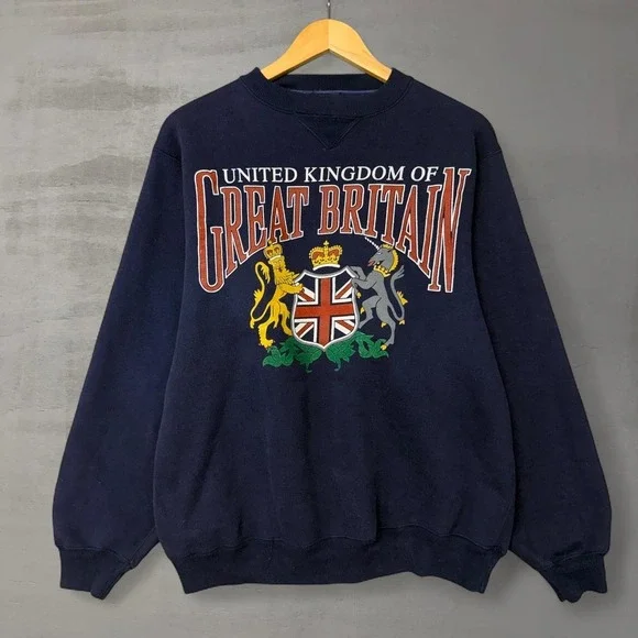 Vintage United Kingdom Sweatshirt Blue Great Britain Royal Crest 90s Medium - Picture 1 of 6